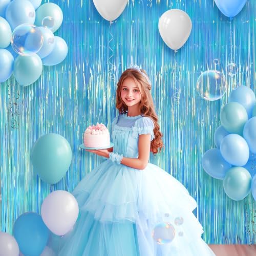 2 Pack Blue Iridescent Streamers Backdrop, 3.3x6.6ft Foil Fringe Curtains Holographic Door Tinsel Streamers for Birthday, Wedding, Holiday, Bachelorette, Christmas, Winter Theme Party Decorations - Image 3