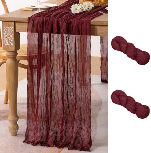 Burgundy Cheesecloth Table Runner Fall Dinning Runner for Christmas, 2 Pack by MLMC
