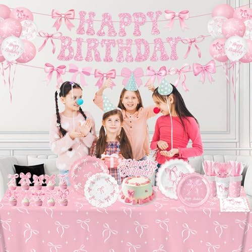 Pink Bow Birthday Decorations Include Plates, Napkins, Cups, Cutlery, Banner, Hanging Swirls, Cake & Cupcake Toppers, Balloons, Tablecloths for Coquette Birthday Decorations, Serves 20 - Image 6