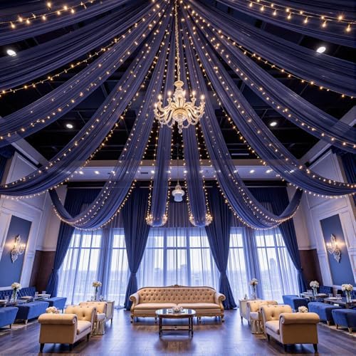 Navy Blue Ceiling Drapes with Lights String for Weddings, 6 Panels 5ftx20ft Sheer Tulle Backdrop Photo Background Drapes for Wedding Ceremony Birthday Party Arch Decoration - Image 7