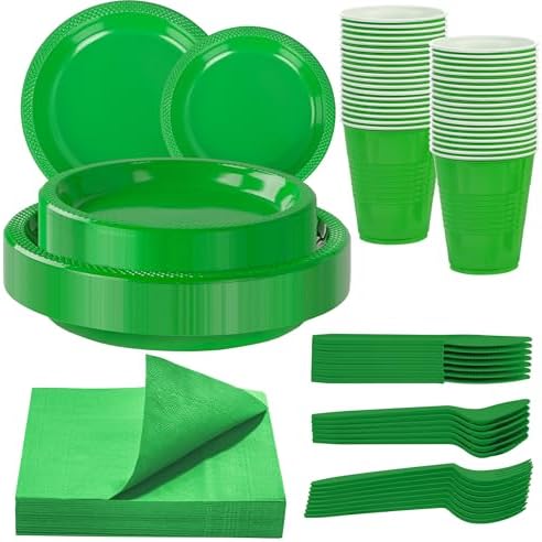 WELLIFE 210Pcs Green Plastic Plates,Party Plates and Cups and Napkins Sets by WELLIFE
