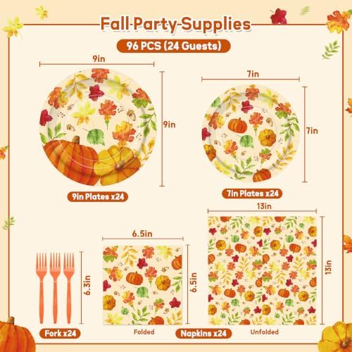 96PCS Fall Pumpkin Plates and Napkins, Thanksgiving Autumn Party Supplies - Image 2