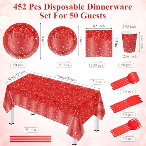 452 Pcs Red Birthday Party Decoration for 50 Guest, Red Diamond Glitter Paper Plates Napkins Cups Tablecloth Cutlery Straws Tableware for Birthday Wedding Baby Shower Graduation Party Supply - Image 2