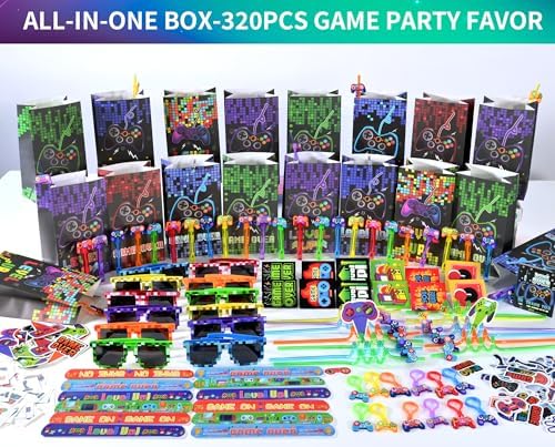 PLOUGVI 320PCS Video Game Party Favors for Kids-Including Goodie Bags, Glasses, Straws, Bubble Wands, Stickers, Cake Toppers, Tattoos & More-Perfect for Theme Party Decorations & Piñata Fillers - Image 2