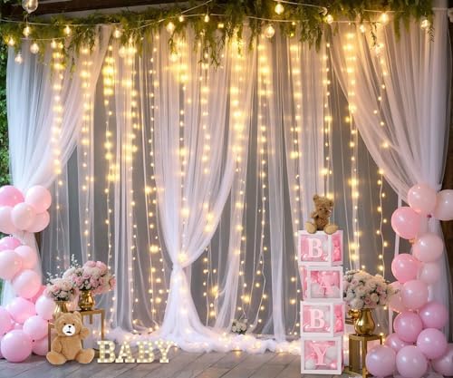 White Tulle Backdrop Curtain with Lights String for Parties Wedding Bridal Shower Sheer White Curtain Backdrop for Birthday Baby Shower Photo Booth Photography Background Decorations 20ft x 8ft - Image 4