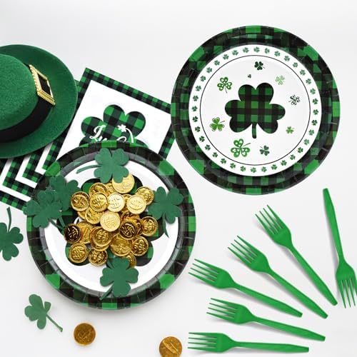 96 Pieces St. Patrick’s Day Tableware Set – Green and Black Plaid Shamrock Disposable Plates, Napkins, and Forks for Irish Party, Lucky Clover Celebration St. Paddy’s Day Dinner – Serves 24 Guests - Image 4