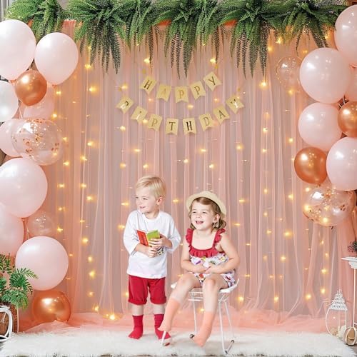 20ft x 10ft Peach Backdrop Curtain with Lights String for Parties, Sheer Tulle Wedding Photo Backdrops Drapes for Baby Shower Birthday Party Decorations Background for Photography - Image 2