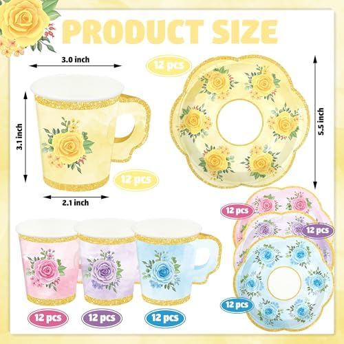48 Sets Floral Paper Tea Cups and Saucers Disposable Tea Party Supplies Colorful Flower Teacups with Handle and Plates for Hot Cold Drink Wedding Birthday Party Baby Shower - Image 2