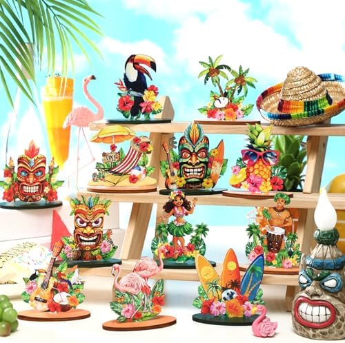 Wesiti 12 Pcs Hawaiian Luau Party Table Decorations Tiki Totem Table Centerpiece Wooden Tropical Aloha Signs Decor for Hawaiian Birthday Wedding Beach Party Supplies - Image 2