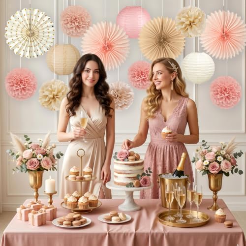 ADLKGG 14 Pcs Champagne Pink & Brown Party Decorations, Boho Paper Lanterns - Image 5