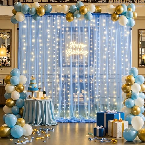 20ft x 15ft Baby Blue Tulle Photo Backdrop Curtain with Lights String for Parties Wedding Sheer Light Blue Curtain Backdrop for Baby Shower Boy Birthday Party Gender Reveal Photo Booth Background - Image 3