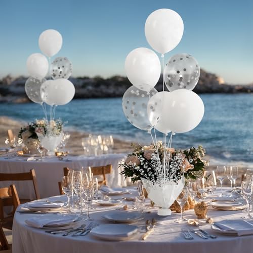 6 Set White Table Balloons Centerpiece with White and Confetti Balloons Stand Kit for Birthday Party Baby Shower Wedding Bridal Shower Prom Cake Table Decorations - Image 3