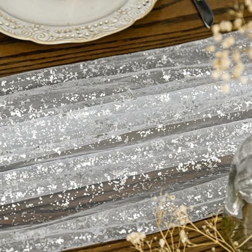 Artoid Mode 3Pcs White Silver Gauze Table Runner 120 Inch 10FT, Glitter Metallic Foil Sheer Dining Wedding Anniversary Holiday Birthday Table Decor for Home Party - Image 3