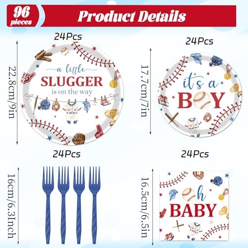 Baseball Baby Shower Decorations - 96 Pcs A Little Slugger is on The Way Baby Shower Plates Napkins Forks Tableware Set, Its A Boy Baseball Dinnerware Set for Boy Serves 24 - Image 2