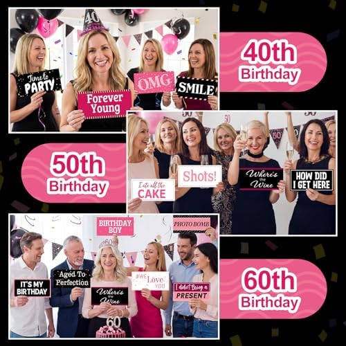Beeveer 24 Designs Birthday Photo Booth Props, Pink PVC Selfie Signs - Image 6