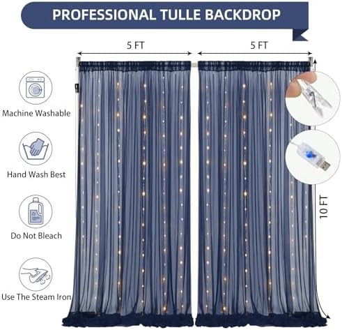 10×10ft Navy Blue Tulle Backdrop Curtain with Lights String for Parties, Sheer Photo Backdrop Curtains for Wedding Party Photography Background - Image 4