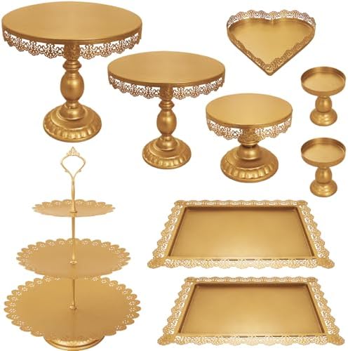Set of 9 Cake Stands Metal Cupcake Stand Set Multiple Styles Candy Fruit Display Tower Dessert Plate Cake Serving Tray for Birthday Party Wedding Anniversary Baby Shower Engagement (Gold) by JALANCY