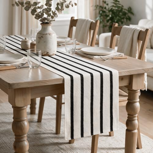 Artoid Mode Black Farmhouse Woven Stripe Table Runner, Seasonal Holiday Boho Rustic Kitchen Dining Table Decoration for Home Party Decor 12x90 Inch - Image 4