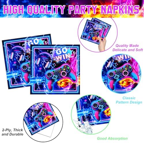 LINHAXM Video Game Birthday Decorations Includes Plates, Napkins, Cups, Cutlery, Cake & Cupcake Toppers, Banner, Hanging Swirls, Tablecloth, Balloons for Gamer Birthday Party Decorations, Serve 20 - Image 4