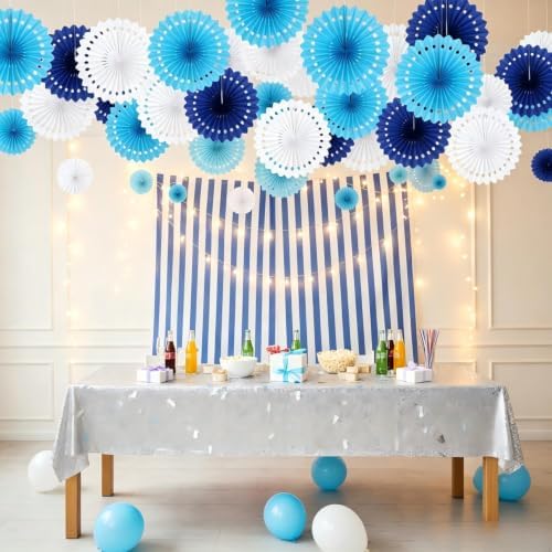 CC wonderland zone 12PCS Blue White Paper Fans Party Decorations,Hanging Ceiling Honeycomb Round Tissue Paper Fans for Birthday Wedding Party Decorations - Image 3