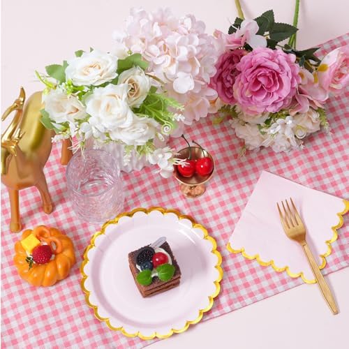 Pink & gold mix scalloped party plates with napkins and fork gold foil border, 24 Guest Pink disposable Tableware Set Party Decoration for Birthday Coquette Bridal Baby Shower Valentines - Image 3