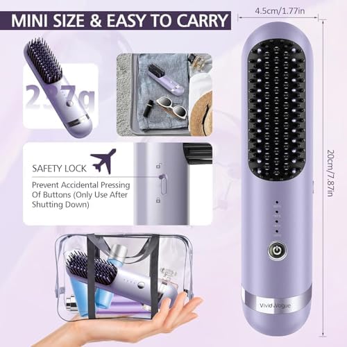 Cordless Hair Straightener Brush, 2 in 1 Curling & Straightening Brush with 200 Million Negative Ions, Mini Travel Hot Straightener Comb for Women, Fast Heating & Dual Voltage - Image 2
