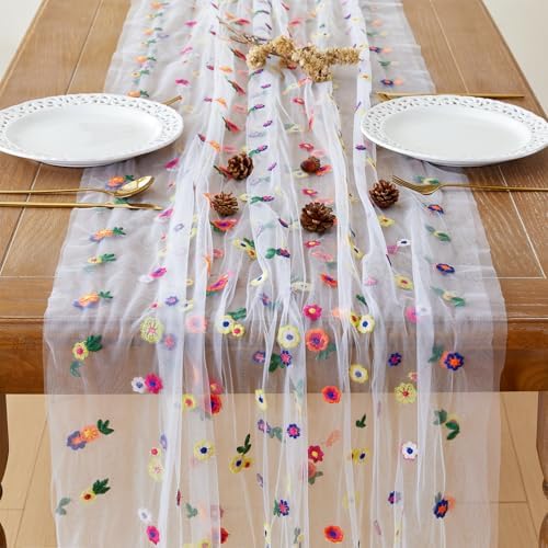 JIALE Ivory Floral Table Runner, Embroidery Daisy Seasonal Table Decorations, 120Inch 10FT 1PC Tulle Fabric for Home Decor, Bridal Shower Wedding, Baby Shower Parties, DIY Craft - Image 4