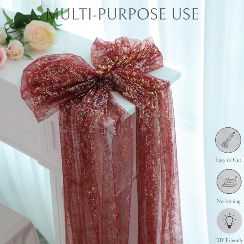 Snowkingdom 3Pcs 10Ft Burgundy Gold Gauze Sheer Table Runner - Image 6