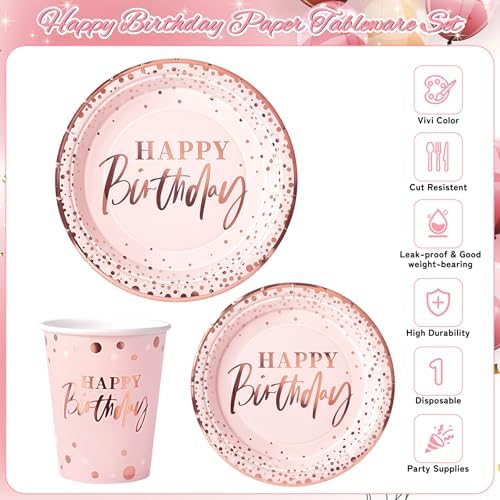 Pink Rose Gold Happy Birthday Party Plates, 168PCS Birthday Party Supplies - Image 3