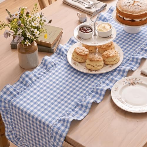 Artoid Mode Light Blue Farmhouse Plaid Gingham Ruffle Table Runner, Seasonal Scalloped Summer Kitchen Dining Table Decoration for Home Party Decor 13x120 Inch - Image 4