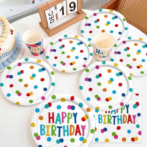 60PCS Happy Birthday Paper Plates and Napkins, Rainbow Dot, Kids - Image 3