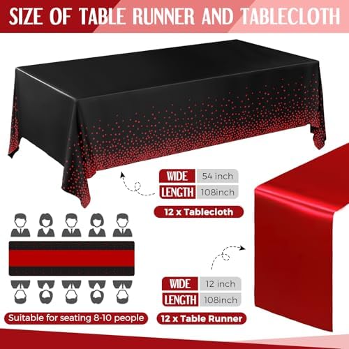 Breling 8 Pack Black and Red Tablecloths and Satin Runners Set - Image 2