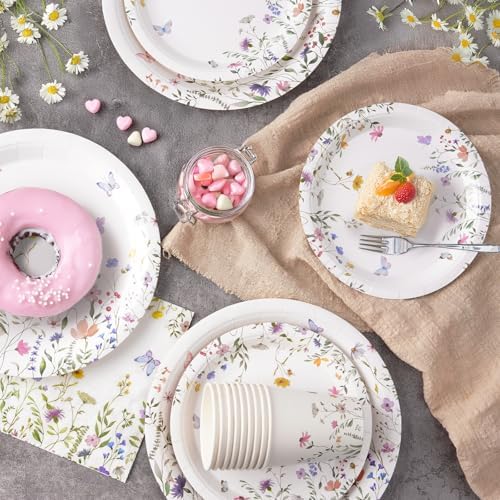 96PCS Wildflower Paper Plates and Napkins, Disposable Floral Plates for Bridal Shower, Garden Party, Wedding, Mother's Day, Spring Party, Baby Shower, Afternoon Tea Party - Image 3