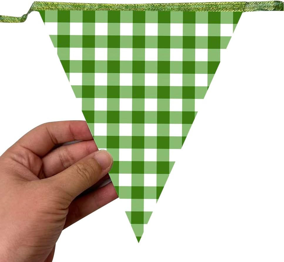 Glitter Green Party Pennant Banner Flag Green Buffalo Plaid Hanging Paper Triangle Bunting for Birthday Christmas Holiday Wedding Shower Bridal Shower St Patrick's Day Party Decorations Supplies - Image 6