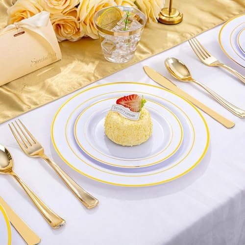 WELLIFE Gold Disposable Dinnerware Set for 100 Guests - 600PC BPA-Free Plastic Plates & Cutlery Kit with 100 Dinner Plates, Salad Plates, Forks, Knives, Spoons & Cups for Party, Catering (Heavy-Duty) - Image 2
