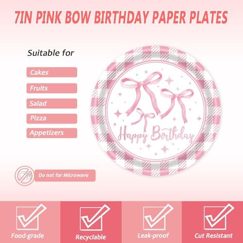 72Pcs Pink Bow Plates and Napkins, Coquette Birthday Party Supplies Pink Bow Paper Plates and Napkins Forks Tableware Decorations for 24 Guests - Image 3