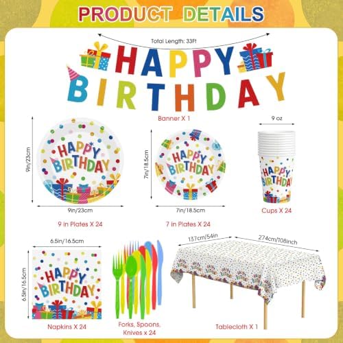 170 Pcs Happy Birthday Decorations - Colorful Polka Dots Birthday Party Plates and Napkins Banner Cups Tablecloth Forks Tableware for Birthday Party Decor Supplies Favors, Serves 24 - Image 3