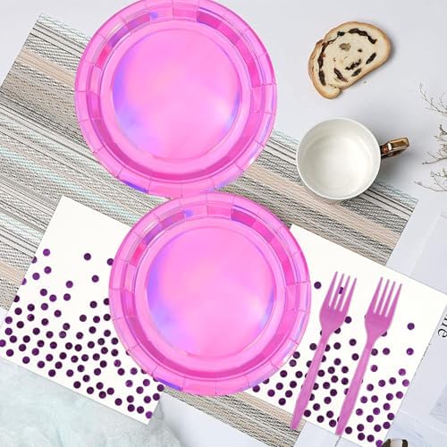 72Pcs Iridescent Pink Plates and Napkins Party Supplies, Hot Pink Holographic Disposable Paper Plates Napkins with Forks Tableware Set for Birthday Graduation Kpop Party Decorations - Image 6