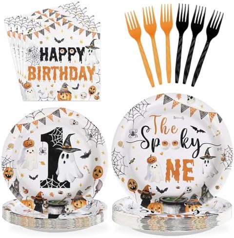 Grencian 96Pcs Halloween Ghost 1st Birthday Party Supplies，Serves 24 by Grencian