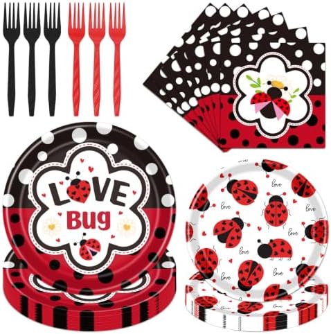 Lady Bug Birthday Party Decorations - 96 Pcs Lady Bug Baby Shower Plates Napkins Forks Tableware Decorations, Ladybug Party Dinnerware Supplies for Birthday Babyshower Serve 24 by Pinglooko