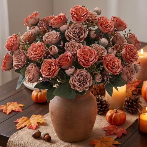 Geosar 16 Bundles Artificial Peonies Flowers,Orange, Brown - Image 4
