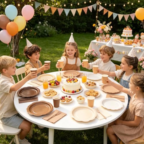 192Pcs Brown Plates and Napkins Party Supplies, Disposable 9’’ Scalloped Khaki Paper Plates Cups Napkins Forks, Gradient Party Decorations for Birthday, Baby Shower, Bridal Shower, Fall, Serves 48 - Image 6
