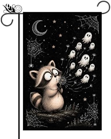Halloween Garden Flag Whimsical Raccoon Ghost Dandelion Black Flag 12x18 by Unknown