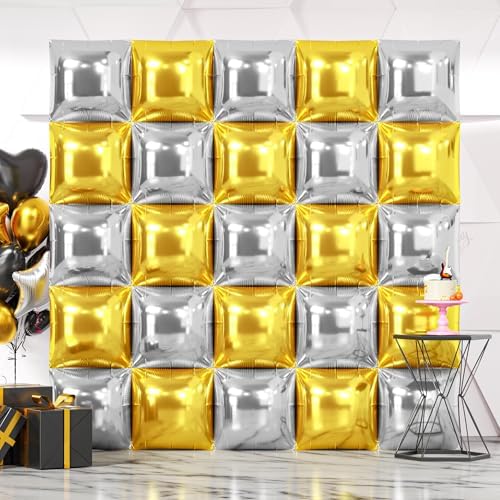 NISOCY 25PCS Metallic Silver and Gold Square Foil Balloons Wall Backdrop by NISOCY