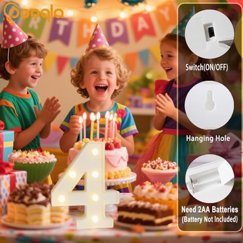 Decorative Led Light Up Number Letters, White Plastic Marquee Number Lights Sign Party Wedding Decor Battery Operated Number (4) - Image 2