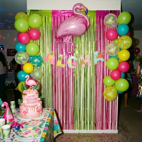 Hot Pink Lime Green Foil Fringe Curtains 4 Pack, Party Backdrop - Image 6