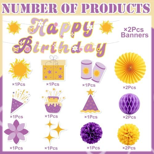 Purple Sun Princess Birthday Party Decor Banner Swirls Sun 17PCS - Image 3