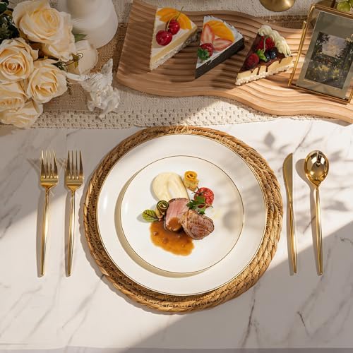 I00000 150Pcs Ivory Plastic Plates, Fancy Gold Plastic Plates Set for Party - Image 2