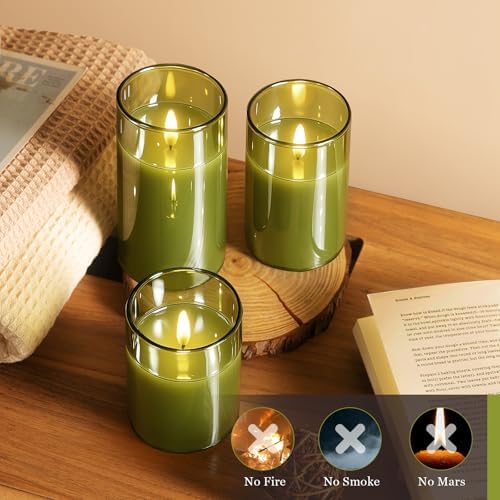 Tyawon Glass Battery Operated LED Flameless Candles with Remote and Timer, Real Wax Candles Warm Color Flickering Light for Festival Wedding Home Party Decor(Pack of 3)-Green - Image 4