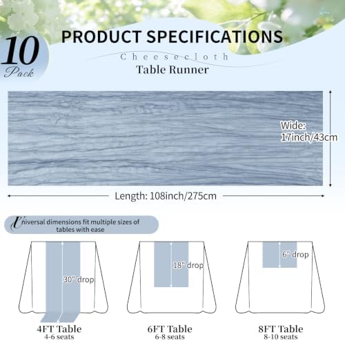 10 Pack Dusty Blue Cheesecloth Table Runner, 17x108 Inch Semi Sheer Boho Gauze Cheese Cloth Fabric Table Runners for Wedding Party Baby Shower Birthday Garden Farmhouse Table Decor - Image 2